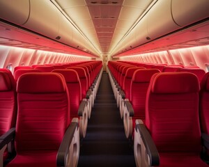 A highresolution image of an empty airliner cabin, focusing on the red seats with white headrests arranged in orderly rows, with soft lighting to emphasize the cleanliness and comfort of the aircrafts
