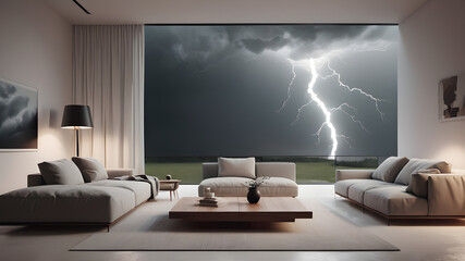 A living room with minimalist forniture with a storm inside