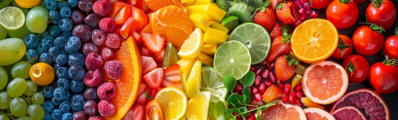 Many different fruits and vegetables arranged together, food background 