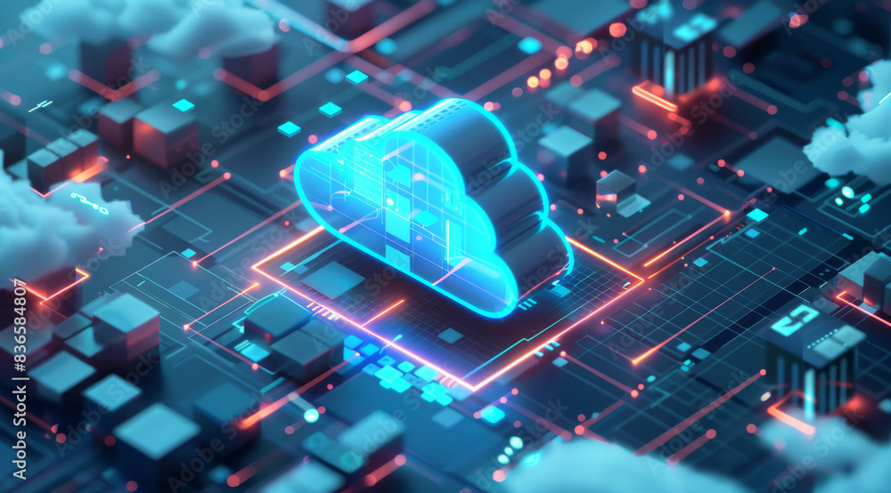 Poster a cloud icon with data flowing out is depicted in the style of digital technology background with gl