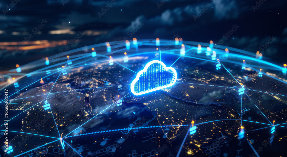Poster a blue glowing cloud icon connected to multiple global data points on top of the earth, representing