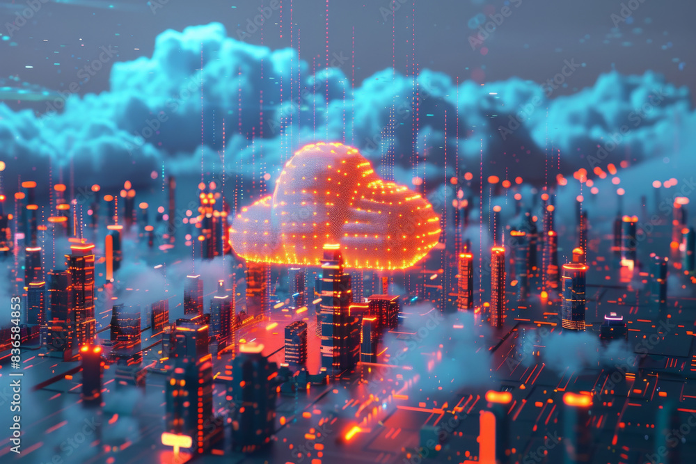 Poster a cloud icon with data flowing out is depicted in the style of digital technology background with gl