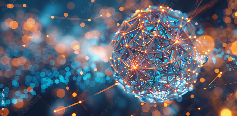Poster 3d render of dark blue and orange glowing digital sphere surrounded by an array of small light blue 
