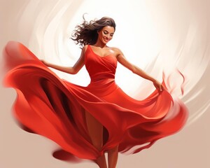A beautiful digital illustration of a woman in a red dress, dancing with a confident smile, captured in a dynamic pose to emphasize the flow and grace of the dress, set against a minimalist background
