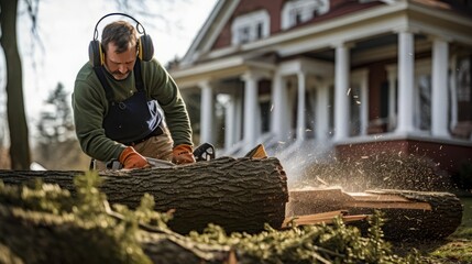 A detailed image of a man using a chainsaw to cut a tree branch in a yard, with a house in the background, highlighting the preventive measures to avoid property damage from falling branches