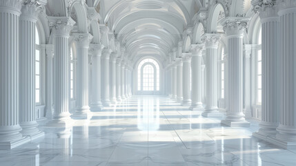 White architectural columns in a grand interior space