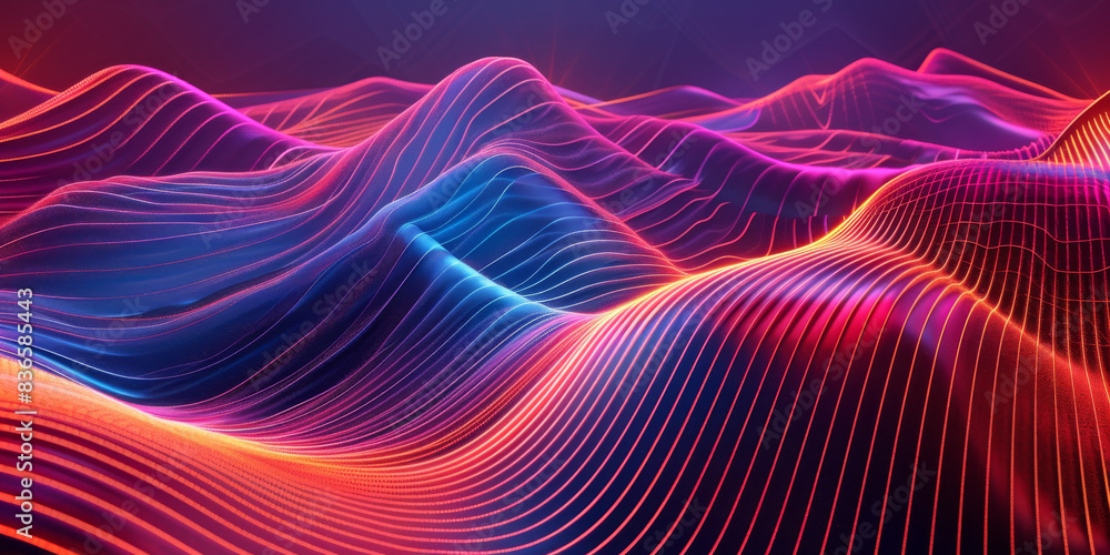 Poster abstract gradient background with neon light grid waves, futuristic wallpaper. big data technology c