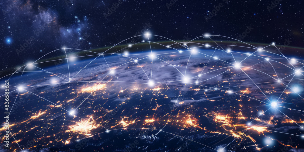 Poster a world map with glowing connections between different countries, symbolizing global network and con