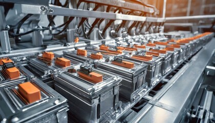 Obraz premium A lot of production assembly line of electric vehicle battery cell scene