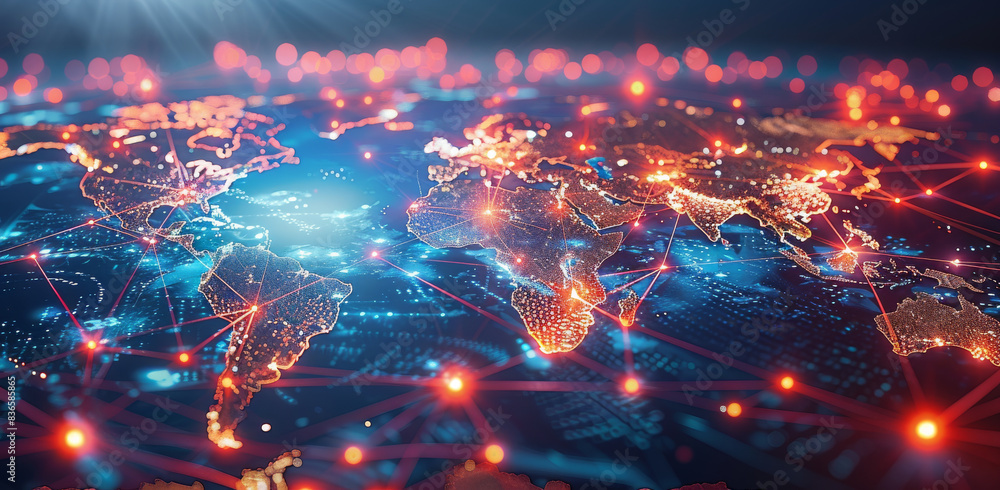 Poster a world map with glowing connections between different countries, symbolizing global network and con