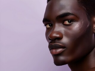 Fototapeta premium Stylish Ghanaian Man Showcasing Skincare Products on Lavender Background