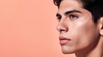 Fototapeta premium Handsome Male Model s Face with Flawless Skin and Professional Makeup for Decorative Skincare