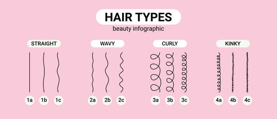 hair types beauty Classification. straight, wavy, curly, kinky. Scheme different types of hair. Curly girl method.