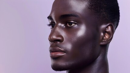 Handsome Black Male Model Showcasing Premium Skincare Cosmetics on Lavender Background