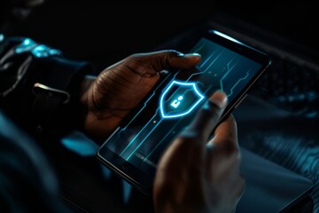 Merchants use smartphones and computers with cybersecurity technology to protect personal data and secure Internet access. Data network security and privacy concepts.