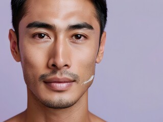 Obraz premium Handsome Asian Man s Face with Professional Makeup for Skincare Advertising Banner on Lilac