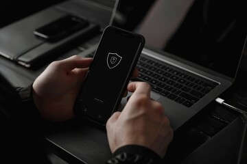 Merchants use smartphones and computers with cybersecurity technology to protect personal data and secure Internet access. Data network security and privacy concepts.