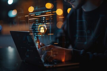 Merchants use smartphones and computers with cybersecurity technology to protect personal data and secure Internet access. Data network security and privacy concepts.