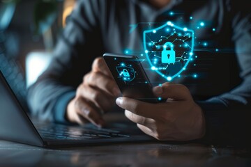 Fototapeta premium Merchants use smartphones and computers with cybersecurity technology to protect personal data and secure Internet access. Data network security and privacy concepts.