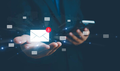 email marketing concept for business communication and digital marketing. Direct selling project in customer list business for email. email with notification alert on virtual screen.