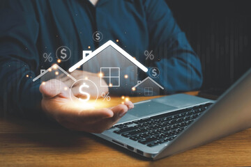 Real estate concept business, home insurance and real estate protection. Real estate investment concept. Buy and sell houses and real estate online on a virtual screen.