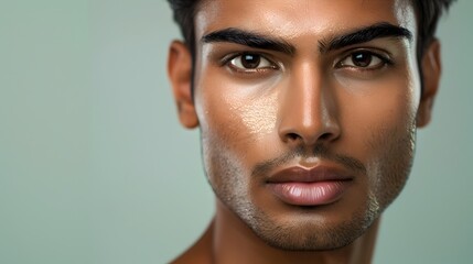 Obraz premium Handsome Indian Man s Face in Skincare Advertising Banner on Pale Green Background