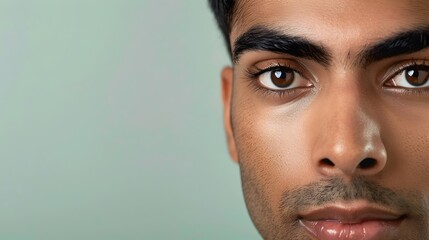 Obraz premium Handsome Indian Man s Face in Skincare Advertising Banner on Pale Green Background