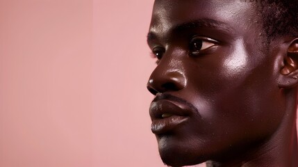 Handsome African Man s Face in Glamorous Skincare Advertising Banner on Dusty Rose Background