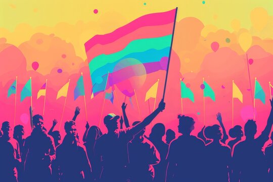 Vector illustration of a group of allies at a Pride march, supporting LGBTQ+ rights and promoting inclusivity with minimalistic design elements and a bright color palette