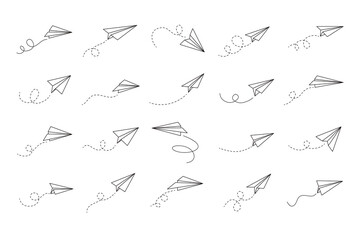 Hand drawn doodle paper plane set. isolated planes flight path. Line airplane icon travel, route. 