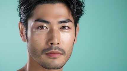 Fototapeta premium Handsome Japanese Male Model Showcasing Luxury Skincare Products in Elegant Advertising Banner