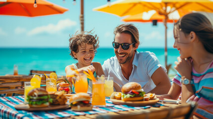 A family is enjoying a meal together at a beachside restaurant