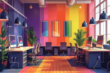 Vector depiction of a corporate office decorated with Pride symbols for LGBTQ+ visibility, highlighting gender equality and the celebration of diversity with clean lines and bold colors
