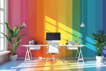 Vector depiction of a corporate office decorated with Pride symbols for LGBTQ+ visibility, highlighting gender equality and the celebration of diversity with clean lines and bold colors