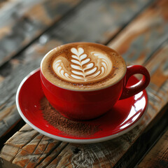 a cup of latte coffee on the wooden table