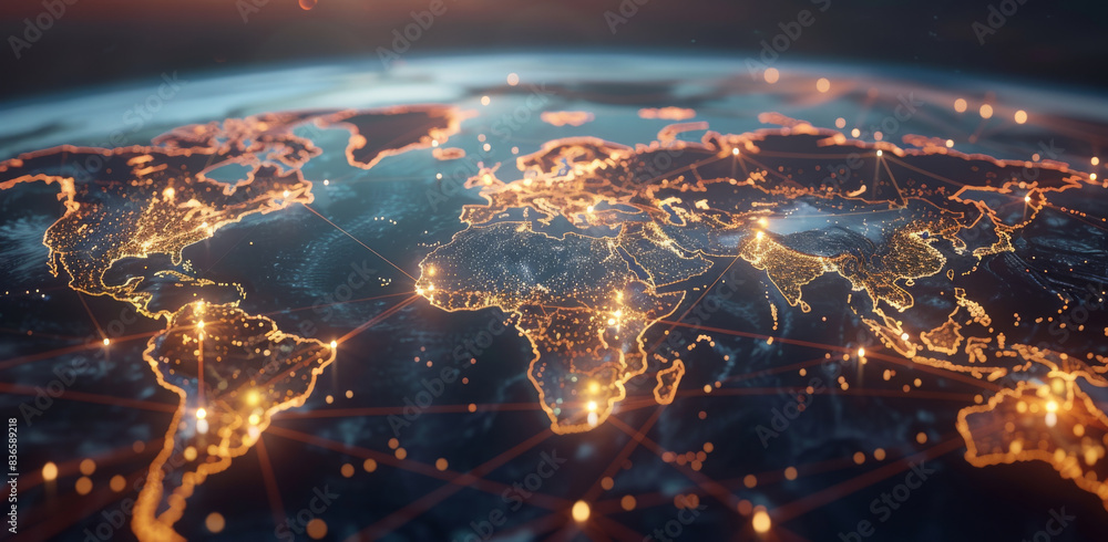 Poster a world map with glowing connections between different countries, symbolizing global network and con