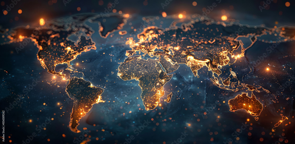 Poster a world map with glowing connections between different countries, symbolizing global network and con