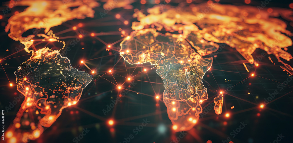 Poster a world map with glowing connections between different countries, symbolizing global network and con