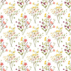 Seamless background, vintage floral texture, pattern with bouquets watercolor wildflowers. Repeat fabric wallpaper. Perfectly for wrapped paper, backdrop.