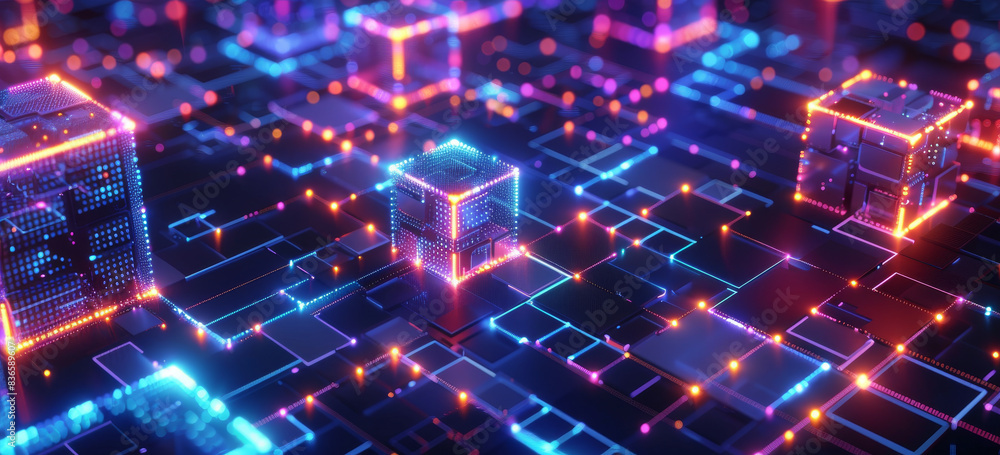 Aufkleber abstract digital hologram of an illuminated maze with glowing blocks on a dark background, in the st