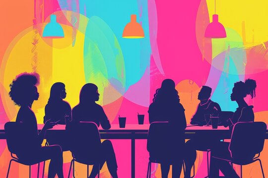 Minimalist vector scene of a business meeting discussing trans rights and gender fluidity, promoting inclusivity and equal rights with clean, minimalistic lines and vibrant accents