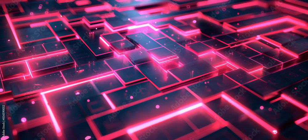 Poster abstract digital hologram of an illuminated maze with glowing blocks on a dark background, in the st