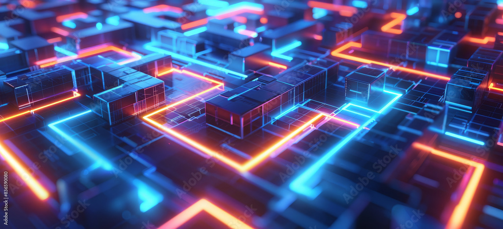 Poster abstract digital hologram of an illuminated maze with glowing blocks on a dark background, in the st