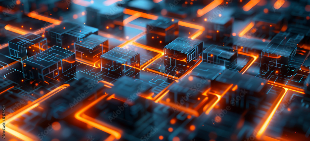 Poster abstract digital hologram of an illuminated maze with glowing blocks on a dark background, in the st