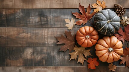 A wooden thanksgiving background with a bunch of pumpkins and berries and a copy space