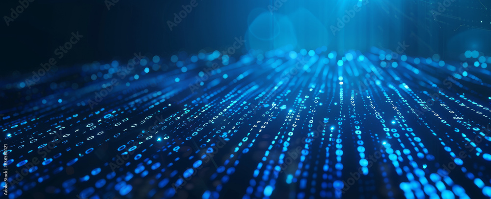 Fototapete Blue digital background with binary code and lines of data flowing across the screen. Abstract technology or internet concept with empty space.