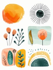 Abstract Shapes in Orange Blush, Yellow, Dusty Pink, and Light Dusty Teal with Bold Strokes, Soft Washes, and Naive Charm Feminine Sticker Art Phoenician Influence and Simple Sun and Flower Doodles