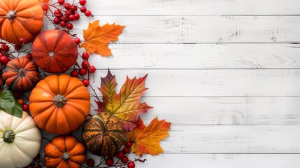 A white wooden thanksgiving background with a bunch of pumpkins and leaves