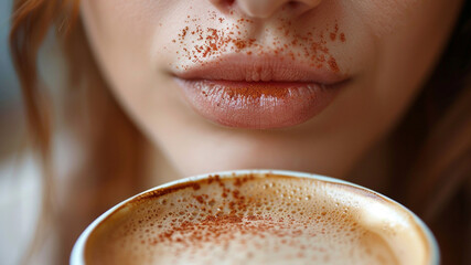 close-up of a woman's mouth drinking from a cappuccino cup, frontal view