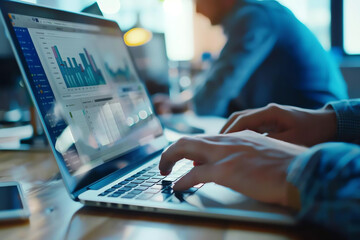 Highresolution DSLR closeup of business professionals reviewing operational performance data on laptops